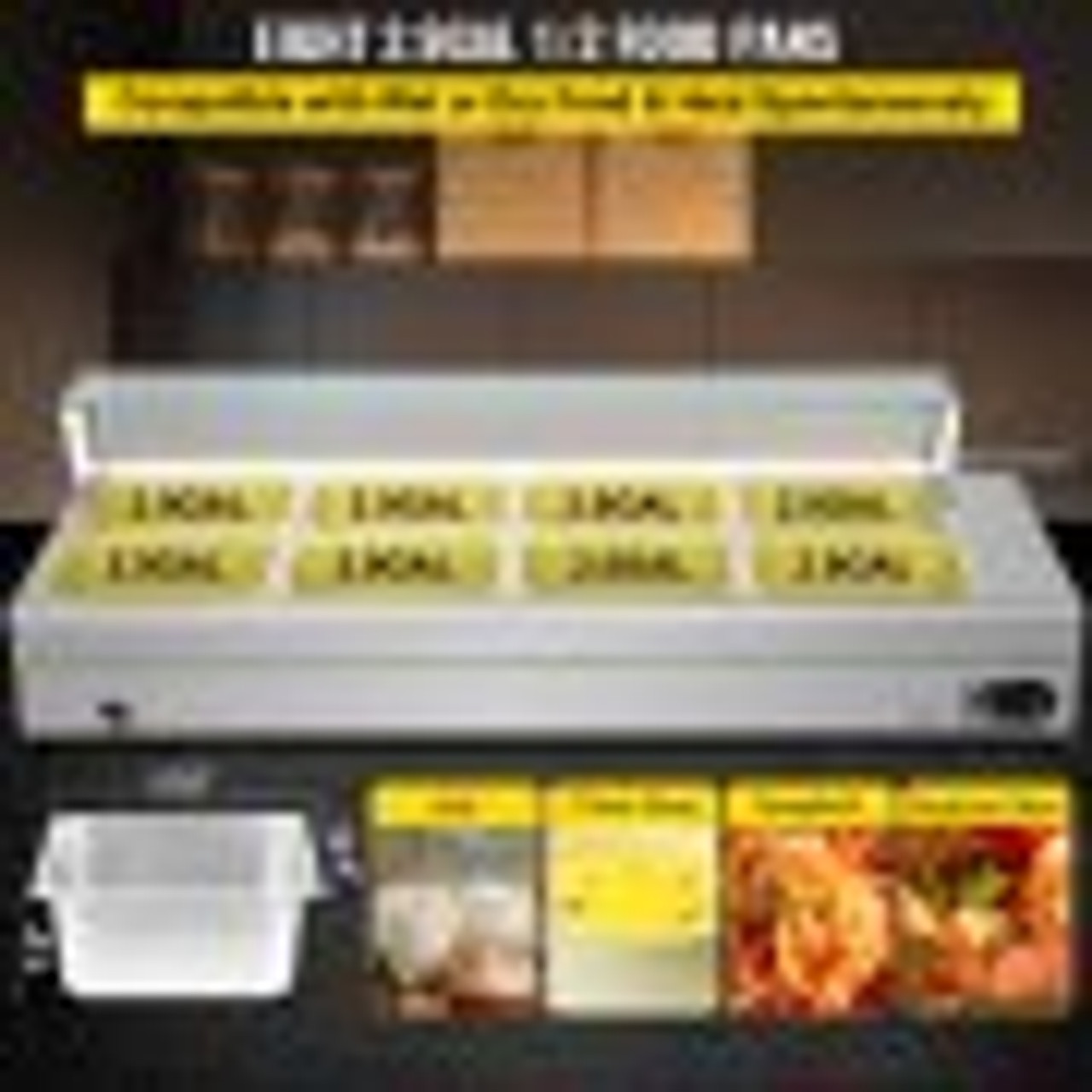 110V Bain Marie Food Warmer 8 Pan x 1/2 GN,Food Grade Stainelss Steel Commercial Food Steam Table 6-Inch Deep, 1500W Electric Countertop Food Warmer 88 Quart with Tempered Glass Shield