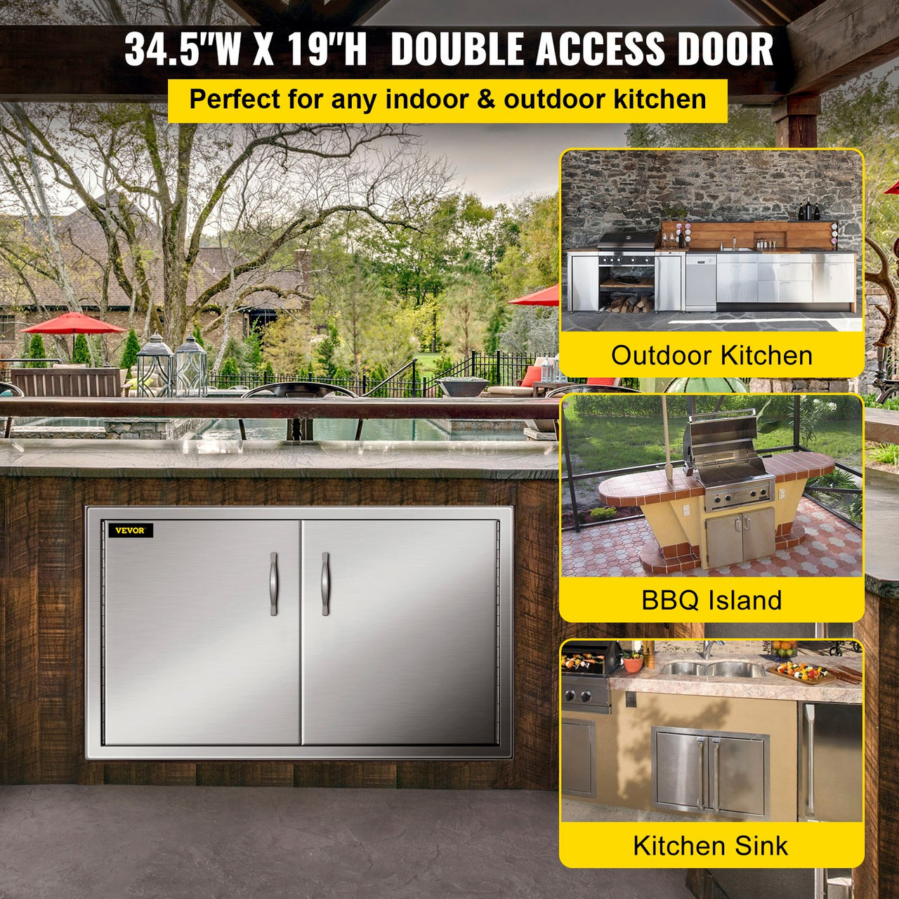 Outdoor Kitchen Access 34" x 19" Wall Construction Stainless Steel Flush Mount for BBQ Island, 34inch x 19inch, Double Door