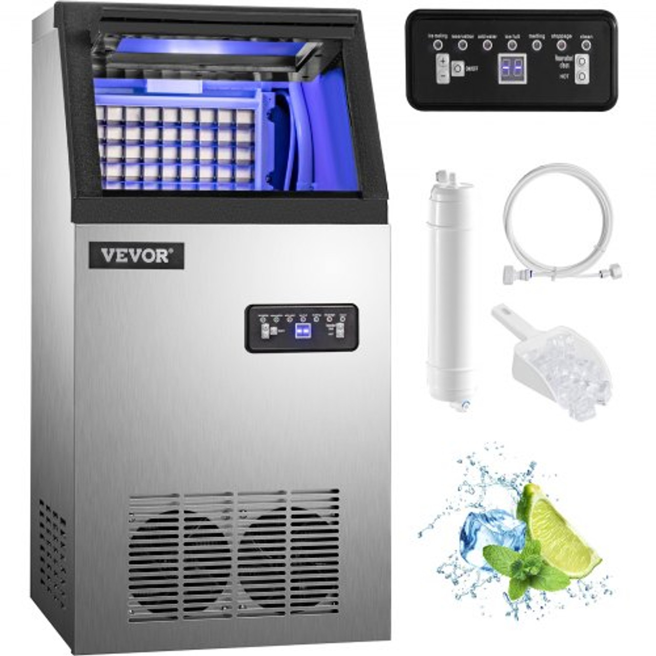 Commercial Ice Maker Machine, 100lbs/24h Stainless Steel Under Counter Ice Maker with 22lbs Storage Bin, 4x8 Cubes Ready in 15 Mins, Water Filter & Scoop Included, for Bar Office Coffee Shop