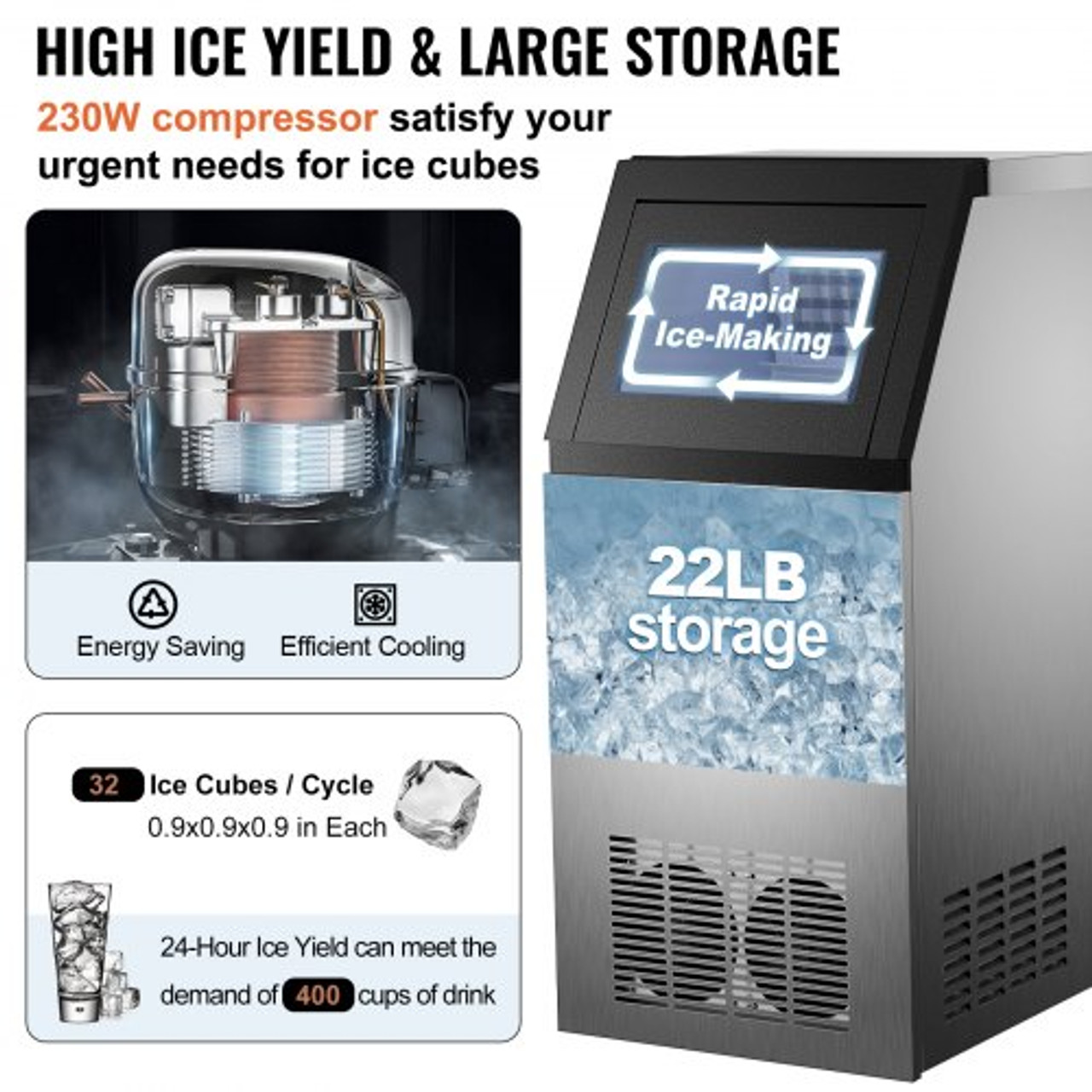 Commercial Ice Maker Machine, 100lbs/24h Stainless Steel Under Counter Ice Maker with 22lbs Storage Bin, 4x8 Cubes Ready in 15 Mins, Water Filter & Scoop Included, for Bar Office Coffee Shop