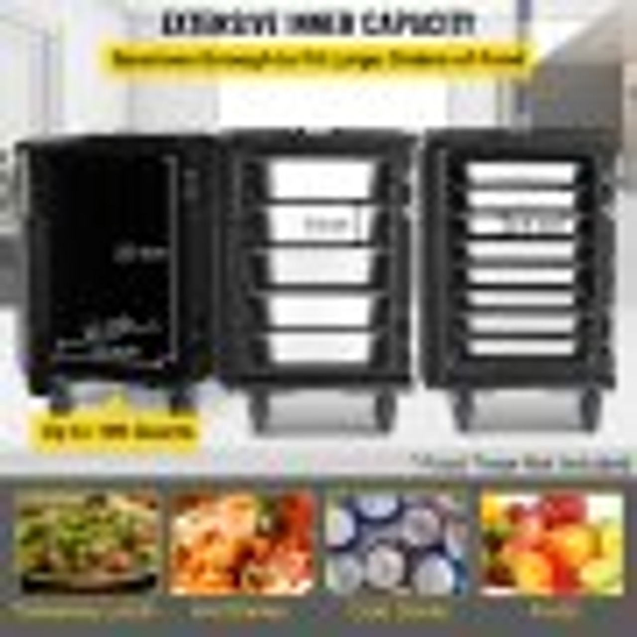 Insulated Food Pan Carrier, 109 Qt Hot Box for Catering, LLDPE Food Box Carrier w/Double Buckles, Front Loading Food Warmer w/Handles, End Loader w/Wheels for Restaurant, Canteen, etc. Black