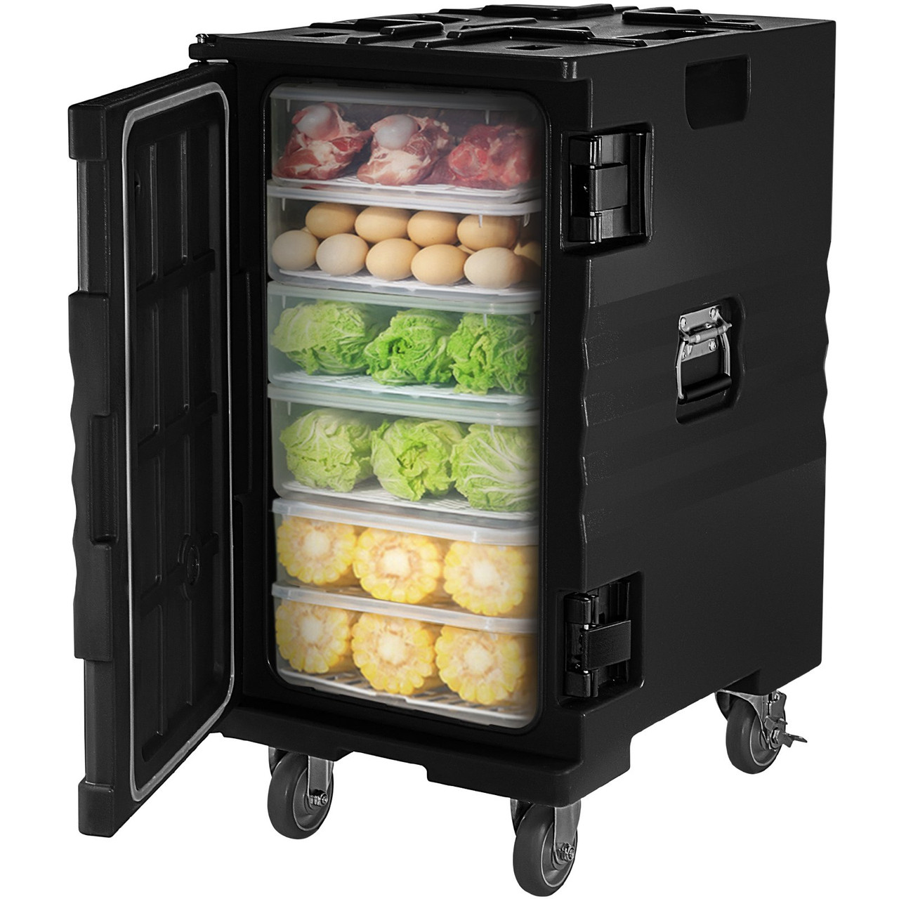 Insulated Food Pan Carrier, 109 Qt Hot Box for Catering, LLDPE Food Box Carrier w/Double Buckles, Front Loading Food Warmer w/Handles, End Loader w/Wheels for Restaurant, Canteen, etc. Black