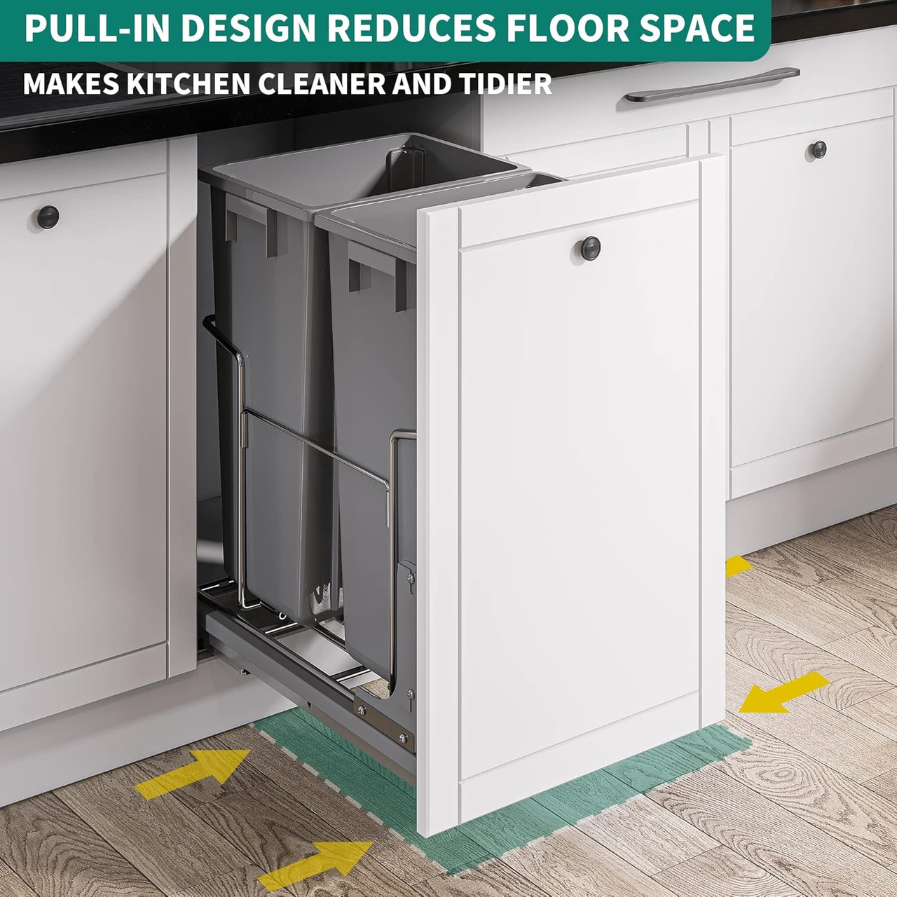 Pull-Out Trash Can, 37Qt Double Bins, Under Mount Kitchen Waste Container with Soft-Close Slides, 44 lbs Load Capacity & Door-Mounted Brackets, Garbage Recycling Bin for Kitchen Cabinet, Grey