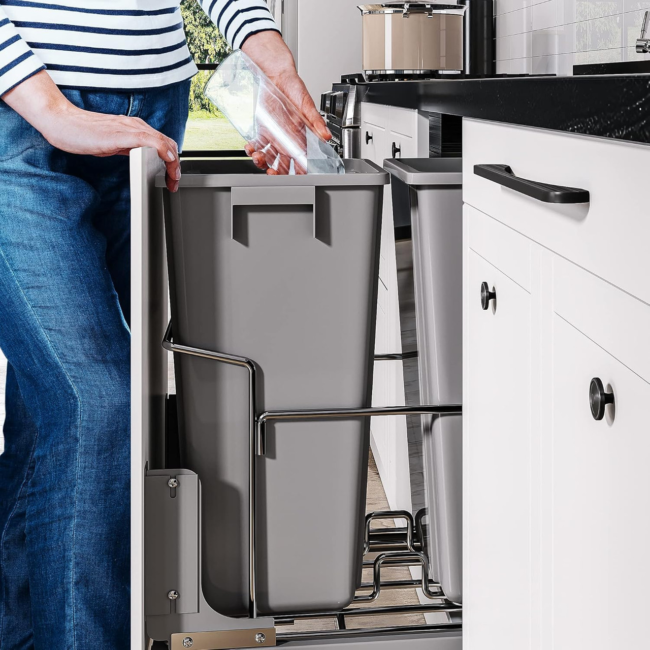 Pull-Out Trash Can, 37Qt Double Bins, Under Mount Kitchen Waste Container with Soft-Close Slides, 44 lbs Load Capacity & Door-Mounted Brackets, Garbage Recycling Bin for Kitchen Cabinet, Grey
