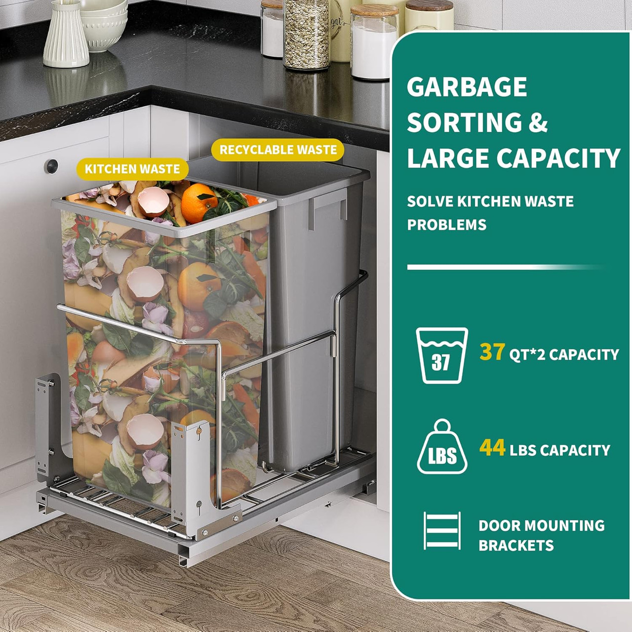 Pull-Out Trash Can, 37Qt Double Bins, Under Mount Kitchen Waste Container with Soft-Close Slides, 44 lbs Load Capacity & Door-Mounted Brackets, Garbage Recycling Bin for Kitchen Cabinet, Grey