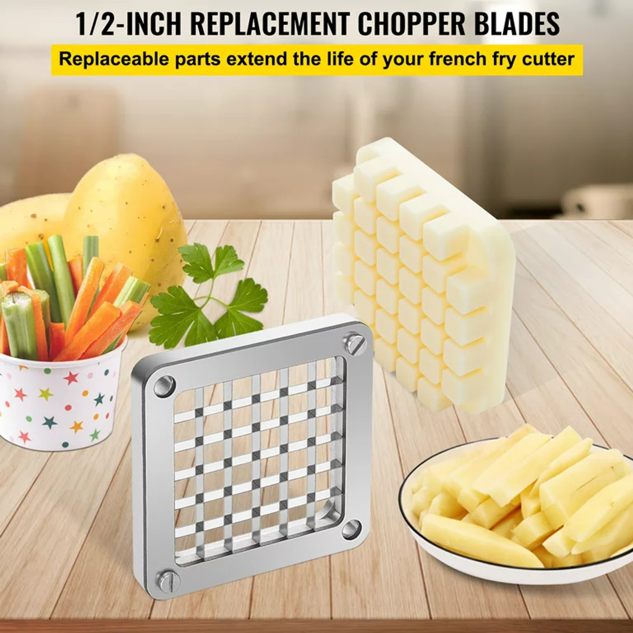Replacement Chopper Blade, 1/2 inch, 3 PCS French Fry Blade Assembly with 6 Extra Knives, Stainless Steel Dicer Parts and Push Block for Cutting