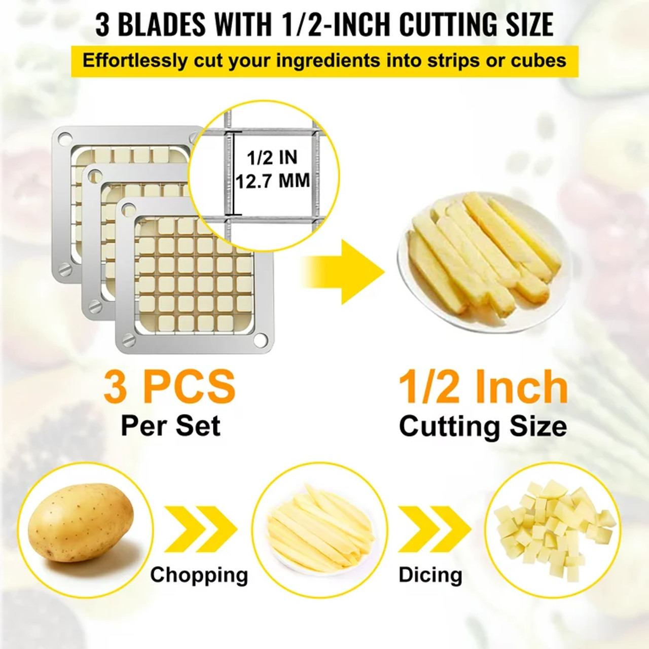 Replacement Chopper Blade, 1/2 inch, 3 PCS French Fry Blade Assembly with 6 Extra Knives, Stainless Steel Dicer Parts and Push Block for Cutting