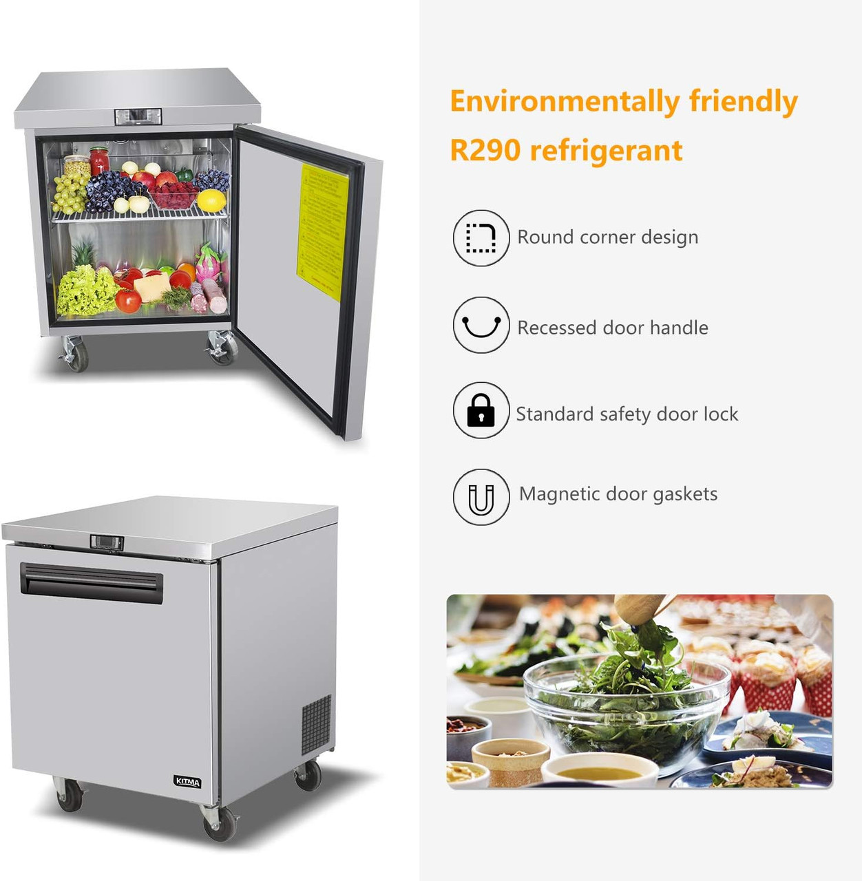 Commercial Refrigerator,48'' Undercounter Refrigerator, Stainless Steel Built-in and Freestanding Worktop Refrigerator, Under Counter Cooler with