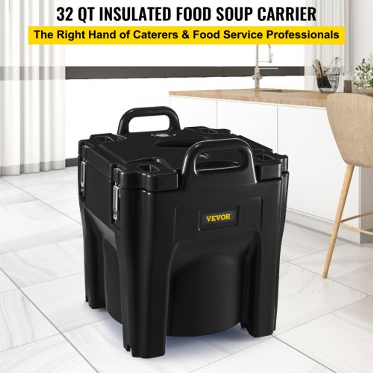 Insulated Food Carrier, 32Qt Capacity, Stackable Catering Hot Box w/Stainless Steel Barrel, Top Load LLDPE Food Warmer w/Integral Handles Buckles Stationary Base, for Restaurant Canteen, Black