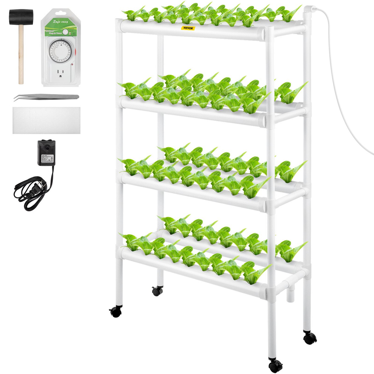 Hydroponics Growing System, 72 Sites 8 Food-Grade PVC-U Pipes, 4 Layers Indoor Planting Kit with Water Pump, Timer, Nest Basket, Sponge, for Fruits, Vegetables, Herbs, White