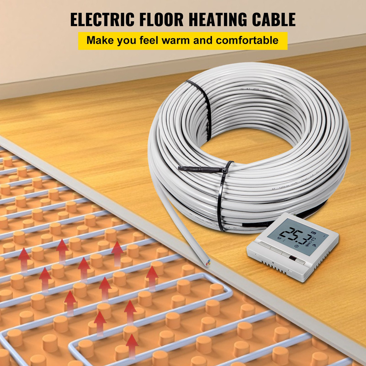 Ditra Floor Heating Cable,1630W 240V Floor Tile Heat Cable,425.8 FT Long,128.8 sqft,with Convenient Temperature Control Panel,No Noise or Radiation