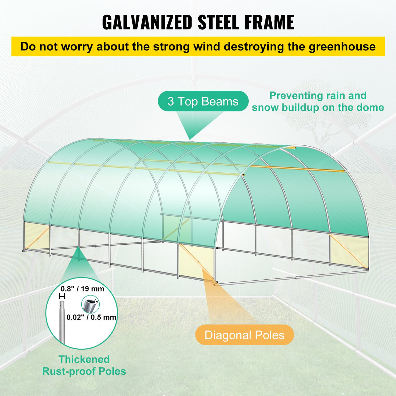 Walk-in Tunnel Greenhouse, 20 x 10 x 7 ft Portable Plant Hot House w/ Galvanized Steel Hoops, 3 Top Beams, Diagonal Poles, 2 Zippered Doors & 12