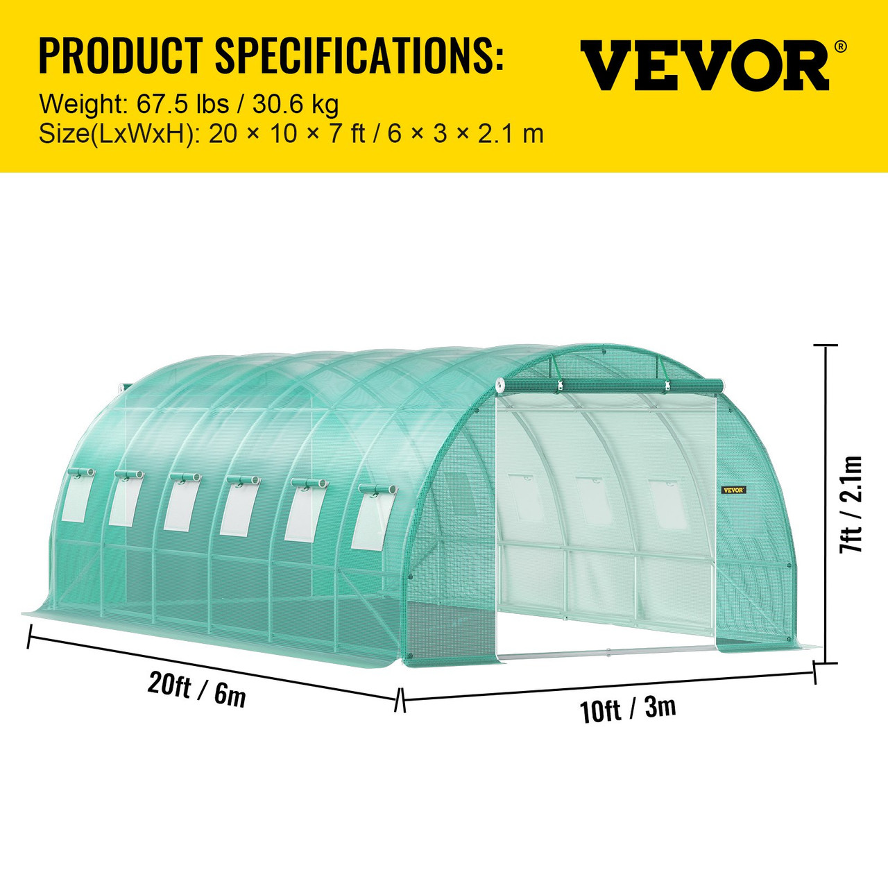 Walk-in Tunnel Greenhouse, 20 x 10 x 7 ft Portable Plant Hot House w/ Galvanized Steel Hoops, 3 Top Beams, Diagonal Poles, 2 Zippered Doors & 12