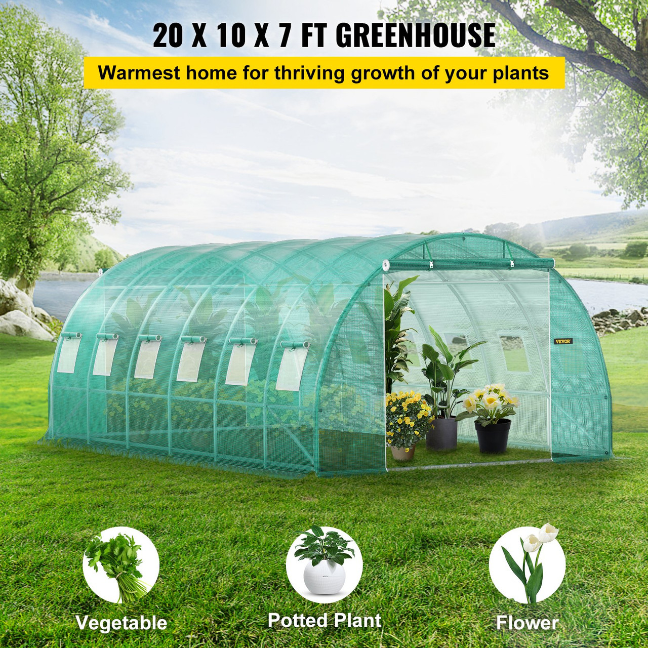 Walk-in Tunnel Greenhouse, 20 x 10 x 7 ft Portable Plant Hot House w/ Galvanized Steel Hoops, 3 Top Beams, Diagonal Poles, 2 Zippered Doors & 12