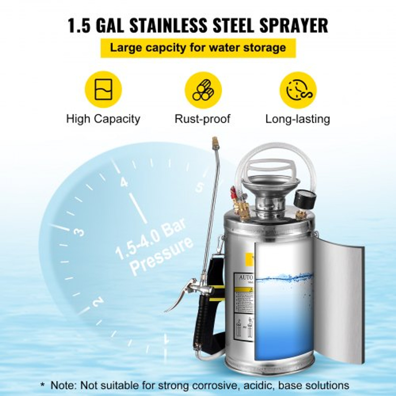 1.5Gal Stainless Steel Sprayer, Set with 16" Wand& Handle& 3.3FT Reinforced Hose, Hand Pump Sprayer with Pressure Gauge&Safety Valve, Adjustable Nozzle Suitable for Gardening& Sanitizing