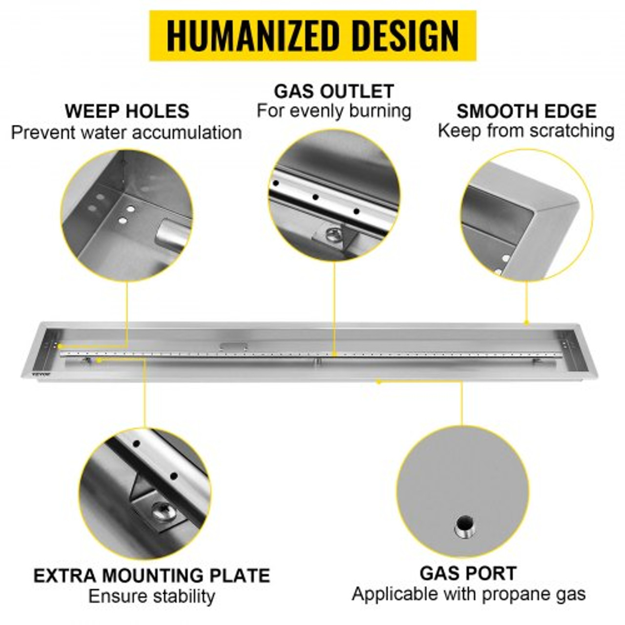 Fire Pit Pan 61x8 Inch, Stainless Steel Linear Trough Fire Pit Pan and Burner, Built-in Fire Pit Burner Pan, 110K BTU Fire Pit Pan 61x8 Inch, Stainless Steel Linear Trough Fire Pit Pan and Burner, Built-in Fire Pit Burner Pan, 110K BTU