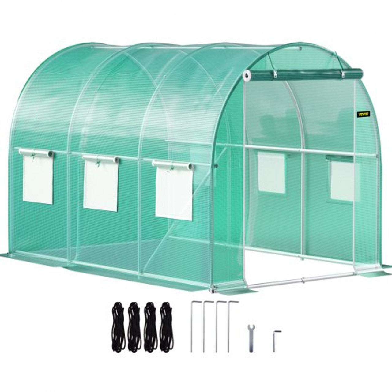 Walk-in Tunnel Greenhouse, 10 x 7 x 7 ft Portable Plant Hot House w/ Galvanized Steel Hoops, 1 Top Beam, Diagonal Poles, Zippered Door & 6 Roll-up Windows, Green