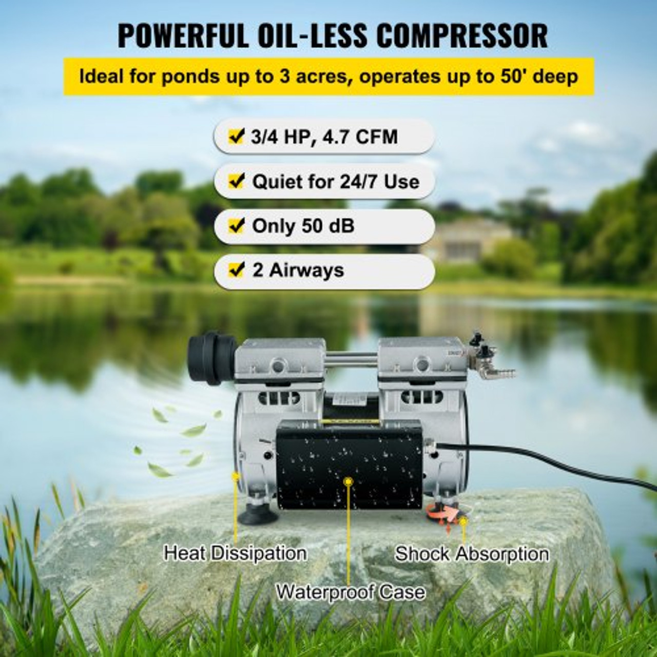 Pond Aerator, for Up to 3 Acres, Lake Aeration System with 3/4 HP 4.7 CFM Compressor, 100' x 3/8" Weighted Tubing, and 10" Membrane Diffuser, for Deep Water Subsurface Aeration of Ponds & Lakes
