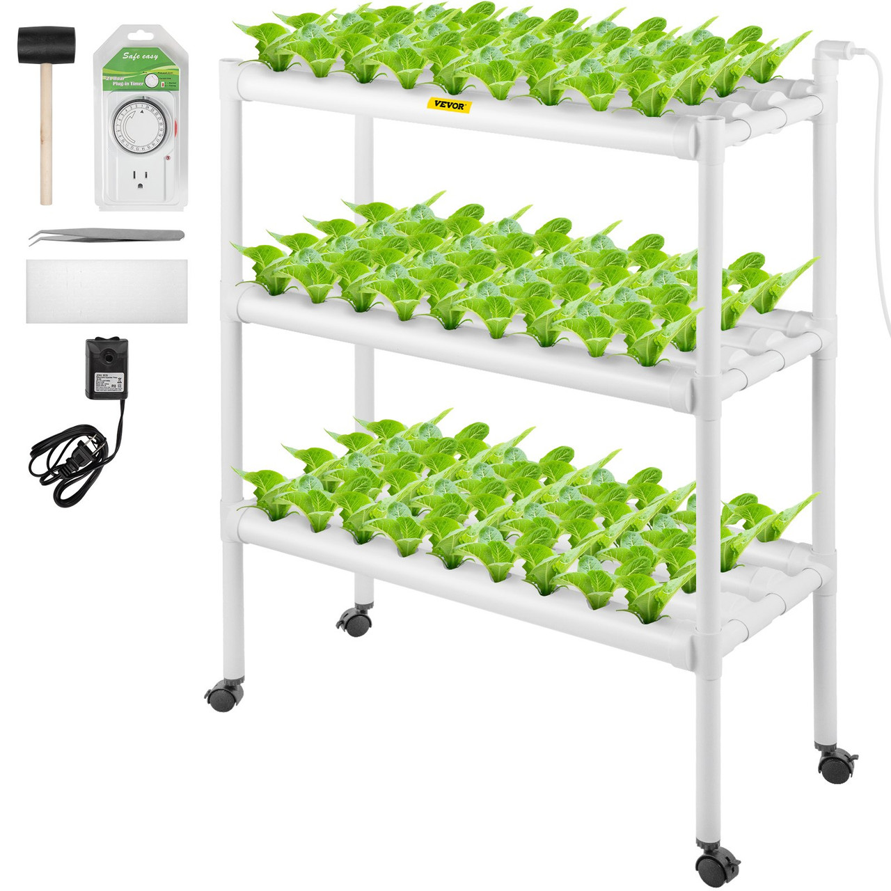 Hydroponics Growing System, 108 Sites 12 Food-Grade PVC-U Pipes, 3 Layers Indoor Planting Kit with Water Pump, Timer, Nest Basket, Sponge, for Fruits, Vegetables, Herbs, White