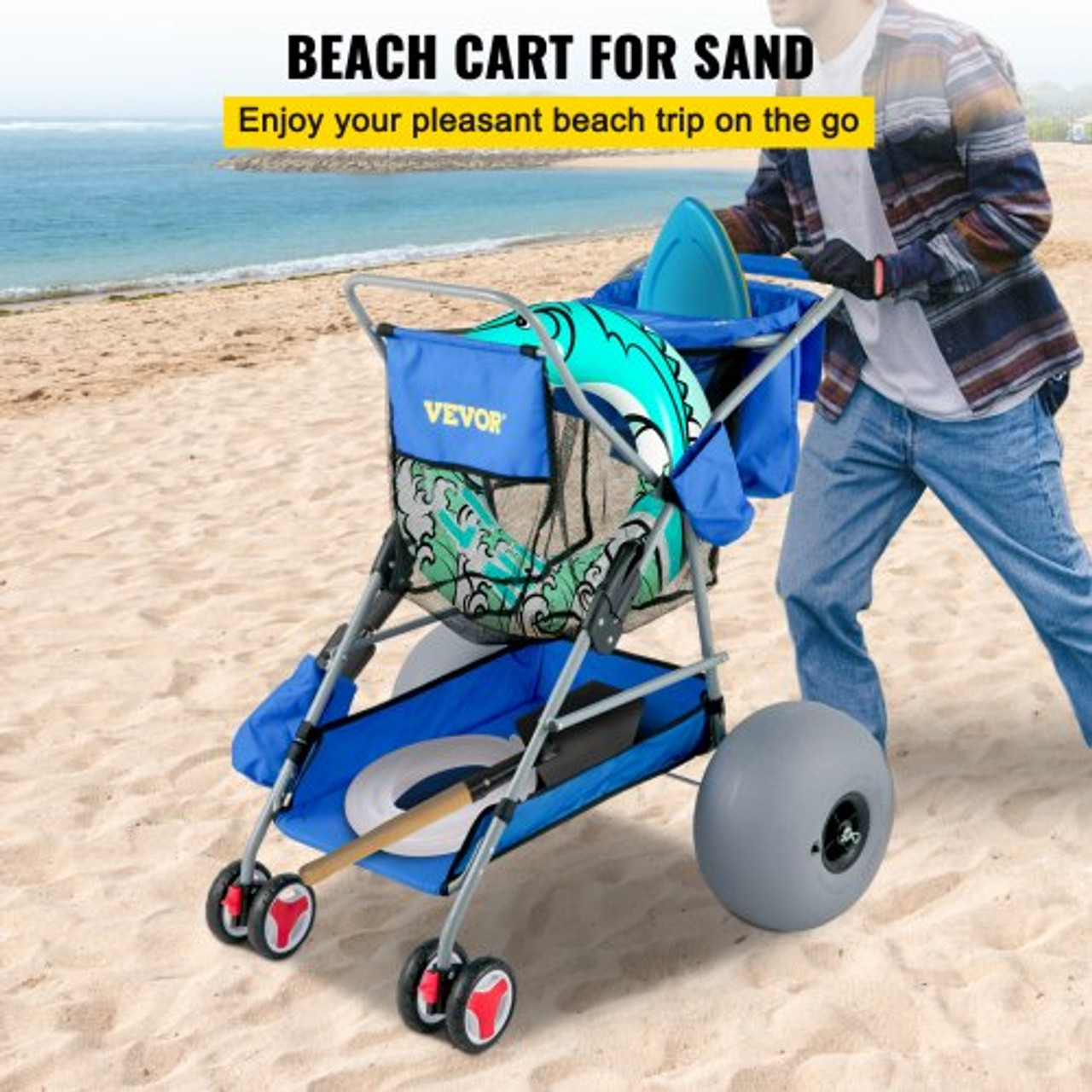Beach Wonder Wheeler, 12" All-Terrain Balloon Wheels, 350 lbs Beach Cart for Sand, Beach Buggy w/ Flip Flop Holder, Storage Bag, 2 Beach Chair Holders, Blue