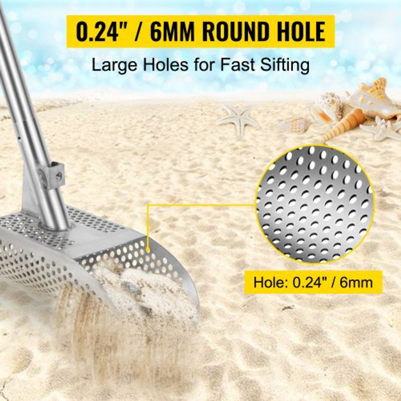 Metal Detector Sand Scoop, Stainless Steel Metal Detecting Beach Scoop Scoops, 6 MM Hole Beach Metal Detector Scoop Shovel, w/Stainless Steel Handle Pole, for Metal Detecting Treasure Hunting