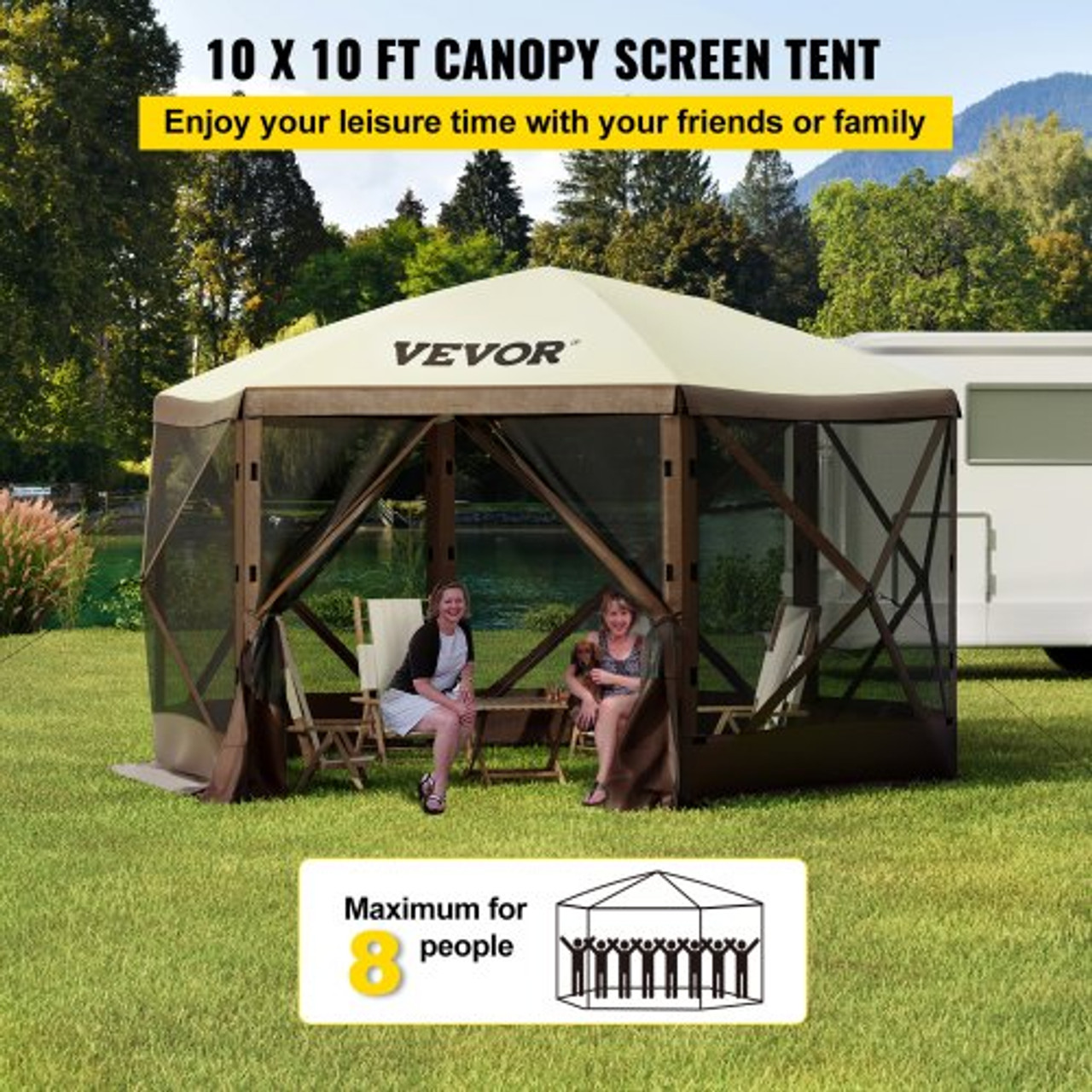 Camping Gazebo Tent, 10'x10', 6 Sided Pop-up Canopy Screen Tent for 8 Person Camping, Waterproof Screen Shelter w/Portable Storage Bag, Ground Stakes, Mesh Windows, Brown & Beige