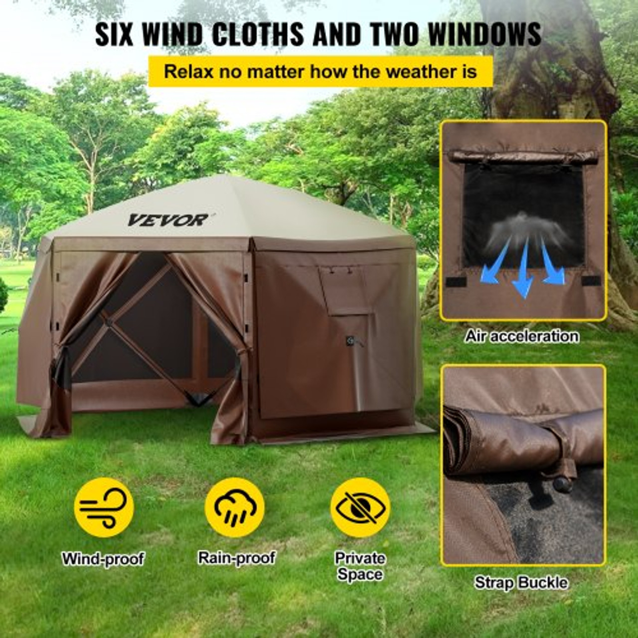 Camping Gazebo Tent, 10'x10', 6 Sided Pop-up Canopy Screen Tent for 8 Person Camping, Waterproof Screen Shelter w/Portable Storage Bag, Ground Stakes, Mesh Windows, Brown & Beige