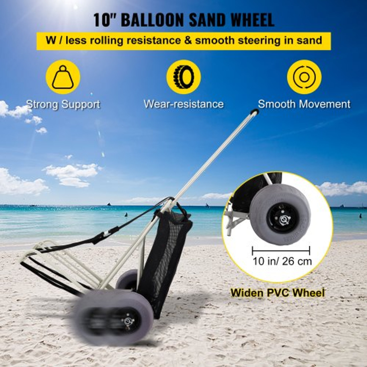Beach Carts for The Sand, w/ 10 PVC Balloon Wheels, 14 x 14.7 Cargo  Deck, 165LBS