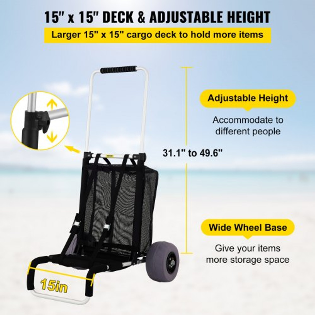 Beach Carts for Sand, w/ 10" PVC Balloon Wheels, 15" x 15" Cargo Deck, 165LBS Loading Capacity Folding Sand Cart & 31.1" to 49.6" Adjustable Height, Aluminum Cart for Picnic, Fishing, Beach