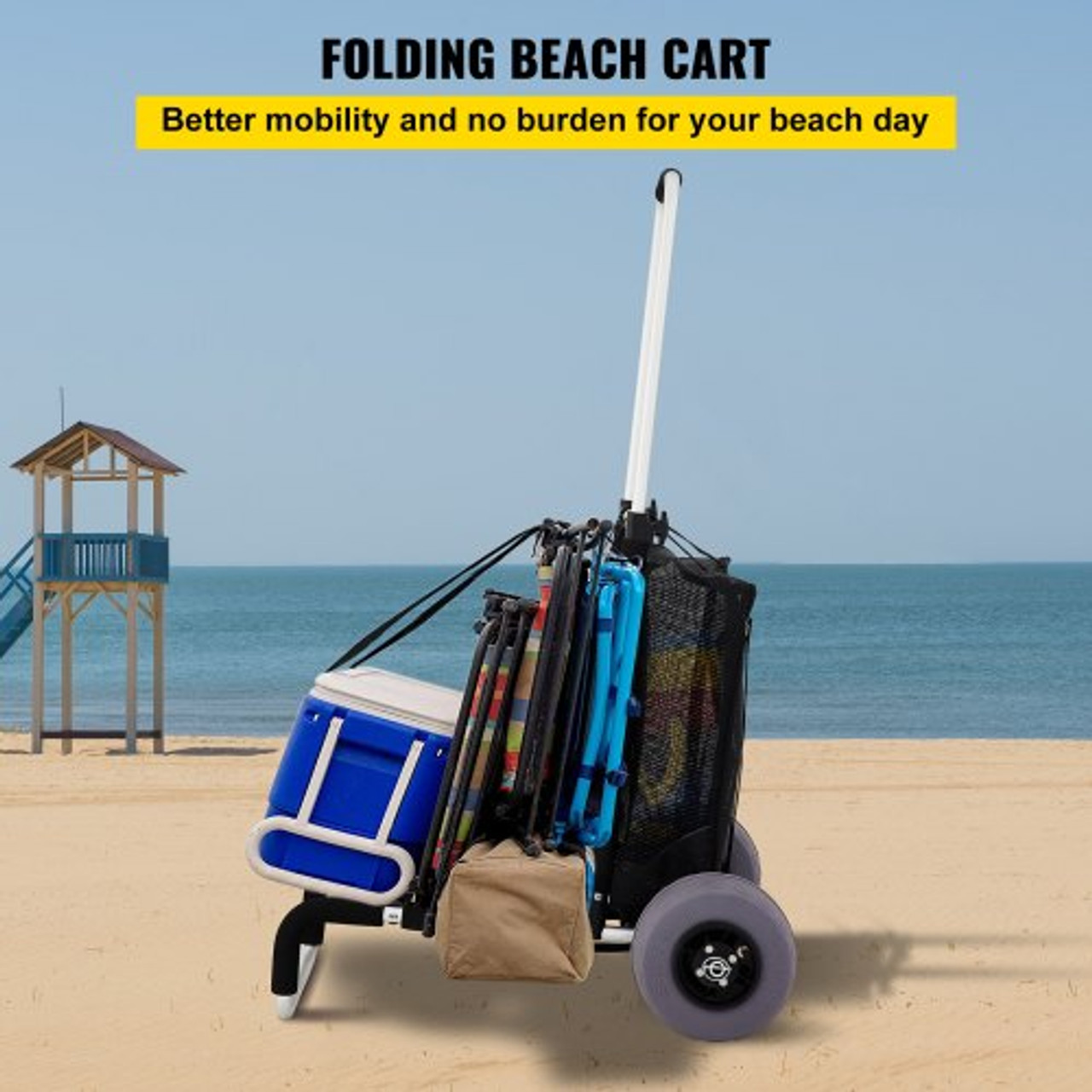 Beach Carts for Sand, w/ 10" PVC Balloon Wheels, 15" x 15" Cargo Deck, 165LBS Loading Capacity Folding Sand Cart & 31.1" to 49.6" Adjustable Height, Aluminum Cart for Picnic, Fishing, Beach