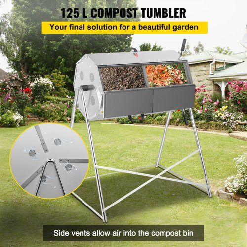 Compost Tumbler, 125L / 33 Gallons, Rustproof Stainless Steel Dual-Chamber Garden Composter, Heavy-Duty, All-Season Outdoor Compost Bin, Fast-Working System for Composting Kitchen ? Yard Waste