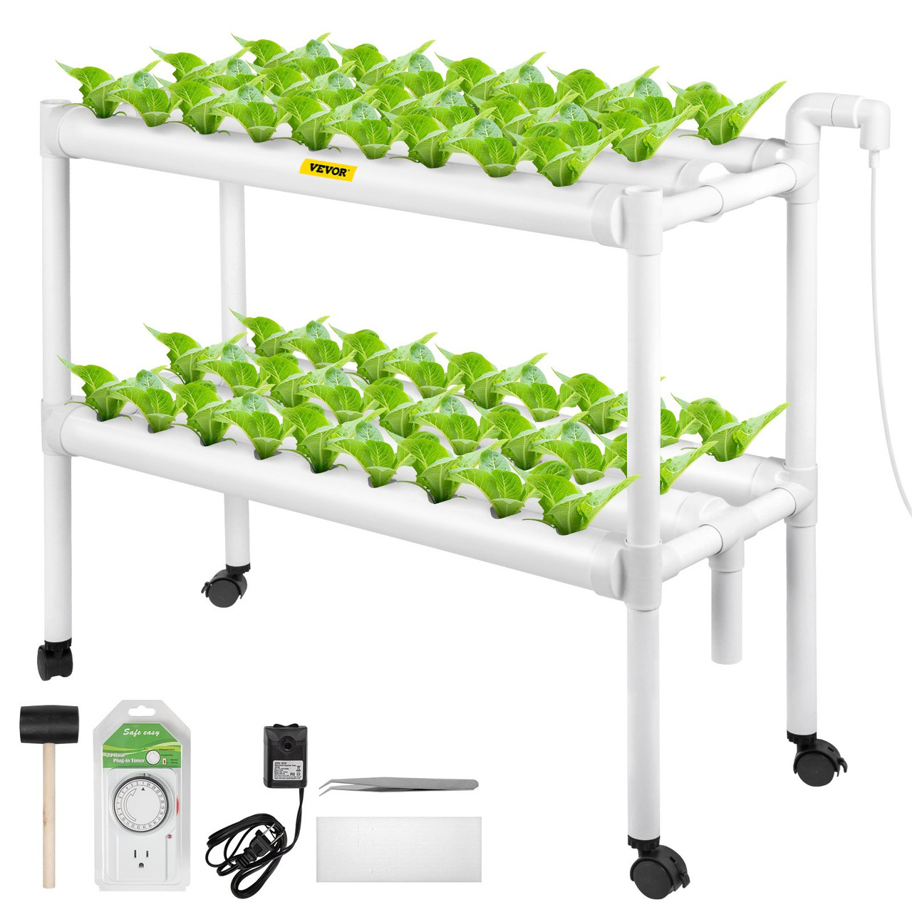Hydroponics Growing System, 54 Sites 6 Food-Grade PVC-U Pipes, 2 Layers Indoor Planting Kit with Water Pump, Timer, Nest Basket, Sponge for Fruits, Vegetables, Herb, White