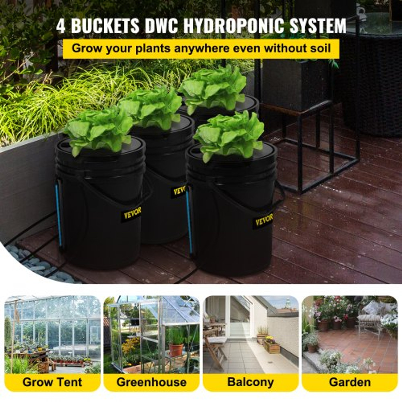 DWC Hydroponic System, 5 Gallon 4 Buckets, Deep Water Culture Growing Bucket, Hydroponics Grow Kit with Pump, Air Stone and Water Level Device, for Indoor/Outdoor Leafy Vegetables
