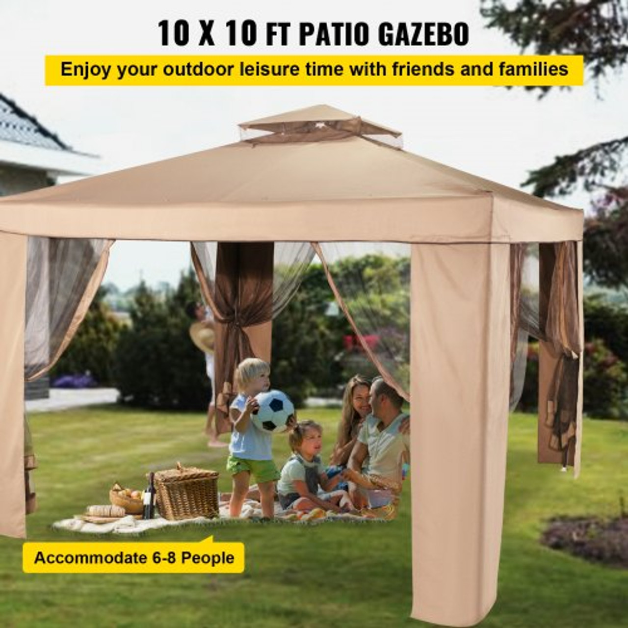 Outdoor Canopy Gazebo Tent, Portable Canopy Shelter with 10'x10' Large Shade Space for Party, Backyard, Patio Lawn and Garden, 4 Sandbags, and Netting Included, Brown