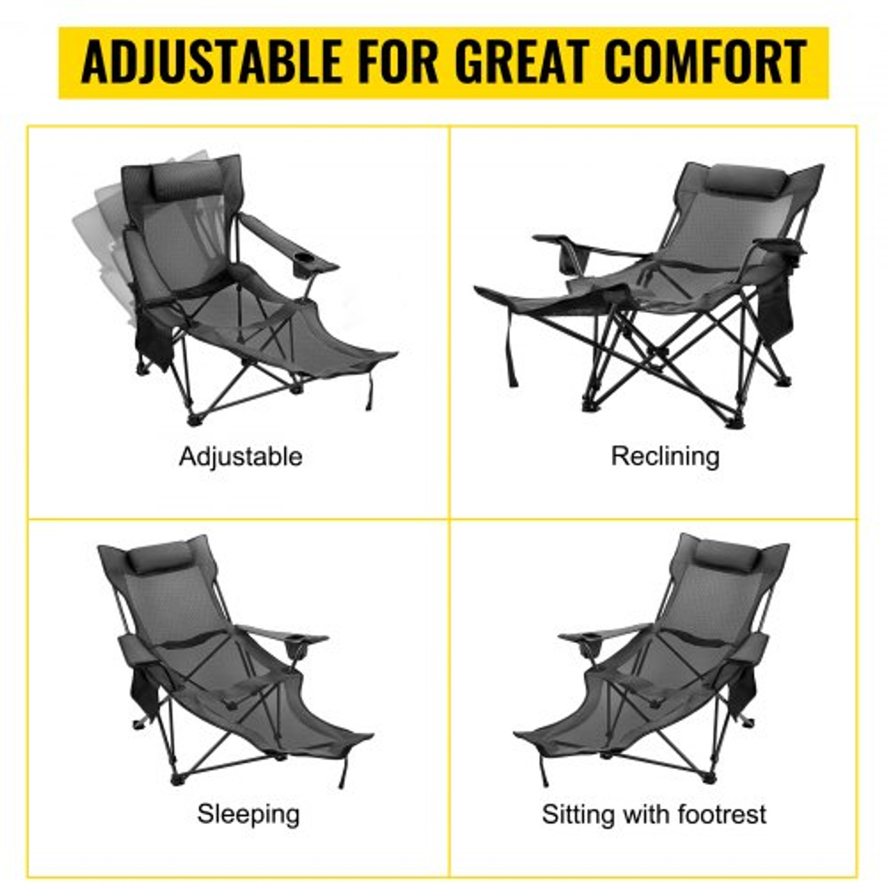 Folding Camp Chair with Footrest Mesh, Portable Lounge Chair with Cup Holder and Storage Bag, for Camping Fishing and Other Outdoor Activities (Grey)