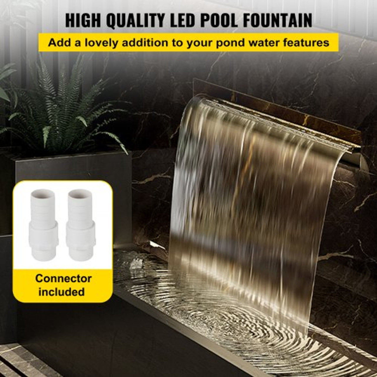Pool Fountain Stainless Steel Pool Waterfall 59.4" x 4.5" x 3.1"(W x D x H) with LED Strip Light Waterfall Spillway Rectangular Garden Outdoor