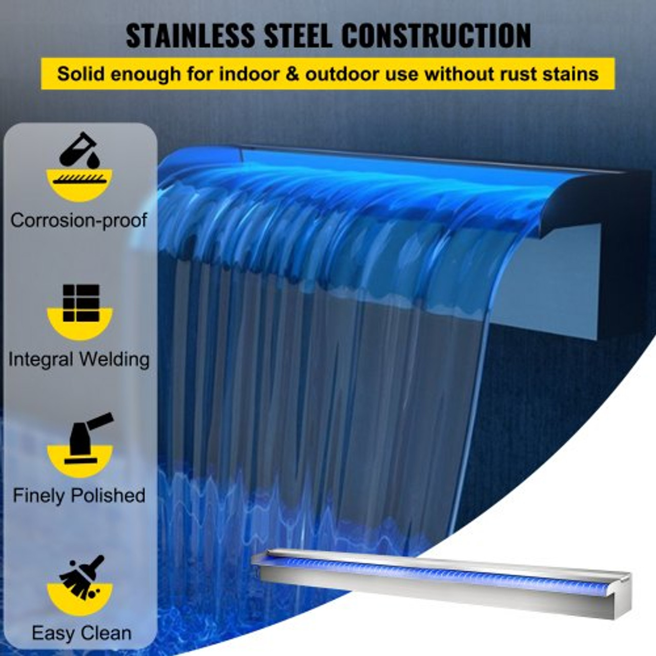 Pool Fountain Stainless Steel Pool Waterfall 59.4" x 4.5" x 3.1"(W x D x H) with LED Strip Light Waterfall Spillway Rectangular Garden Outdoor
