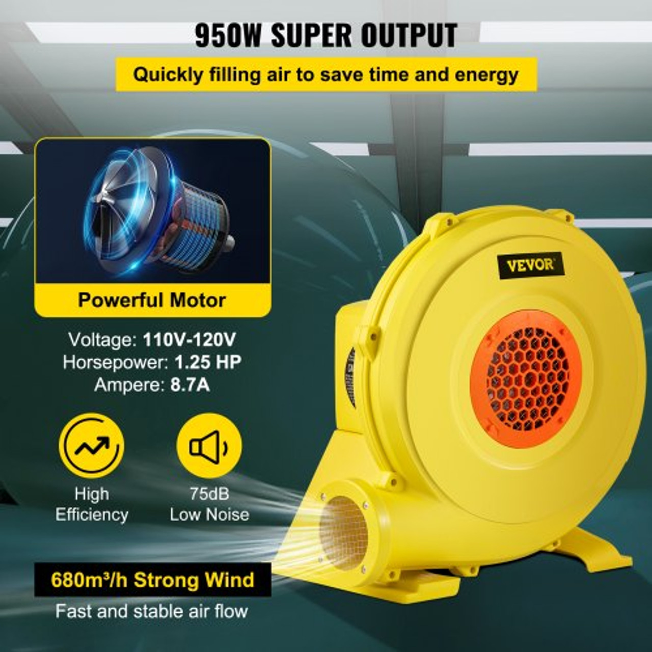 Air Blower, 950W 1.25HP Inflatable Blower, Portable and Powerful Bounce House Blower, 2200Pa Commercial Air Blower Pump Fan, Used for Inflatable Bouncy Castle and Jump Slides, Yellow