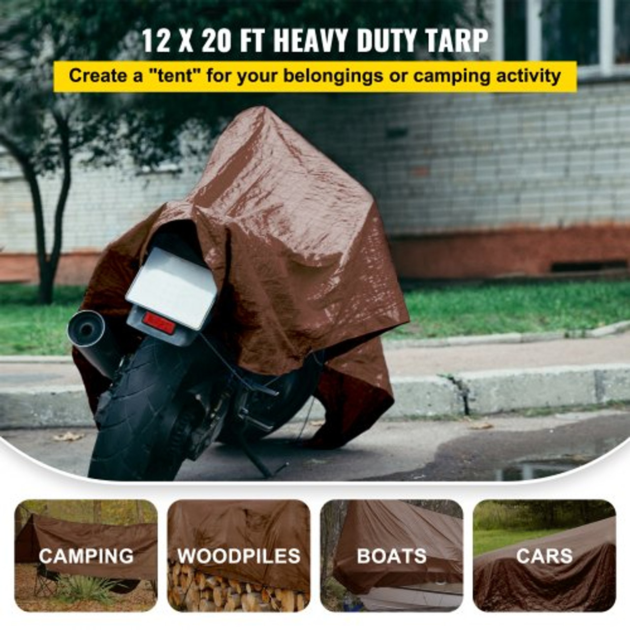 Heavy Duty Tarp, 12 x 20 ft 16 Mil Thick, Waterproof & Sunproof Outdoor Cover, Rip and Tear Proof PE Tarpaulin with Grommets and Reinforced Edges for Truck, RV, Boat, Roof, Tent, Camping, Brown