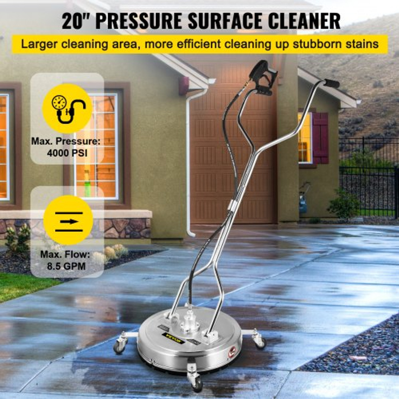 Pressure Washer Surface Cleaner, 20'', Max. 4000 PSI Pressure by 2 Nozzles for Cleaning Driveways, Sidewalks, Stainless Steel Frame w/Rotating Dual Handle, Wheels, Fit for 3/8'' Quick Connector