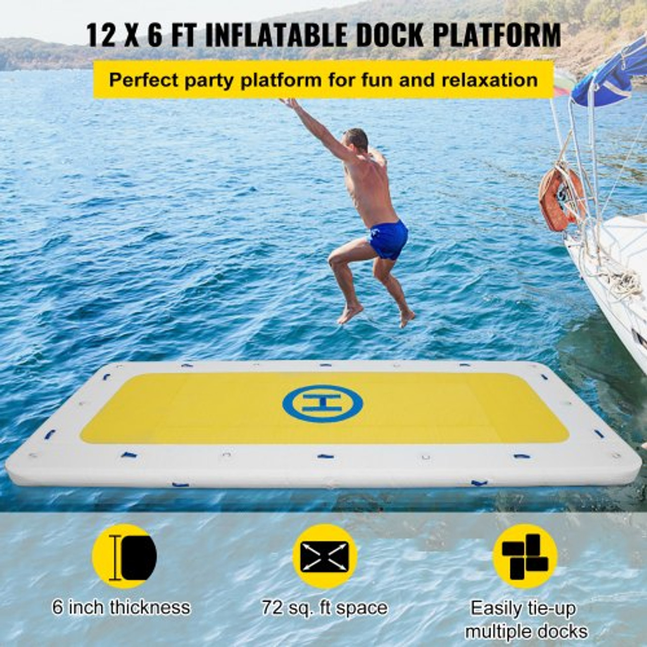Inflatable Dock Floating Platform, 12 x 6 ft, 3-5 Person Capacity, 6 inches Thick, Swim Dock with Hand Pump, Electric Air Pump & Storage Bag, Drop Stitch PVC Non-Slip Raft for Pool Beach Ocean
