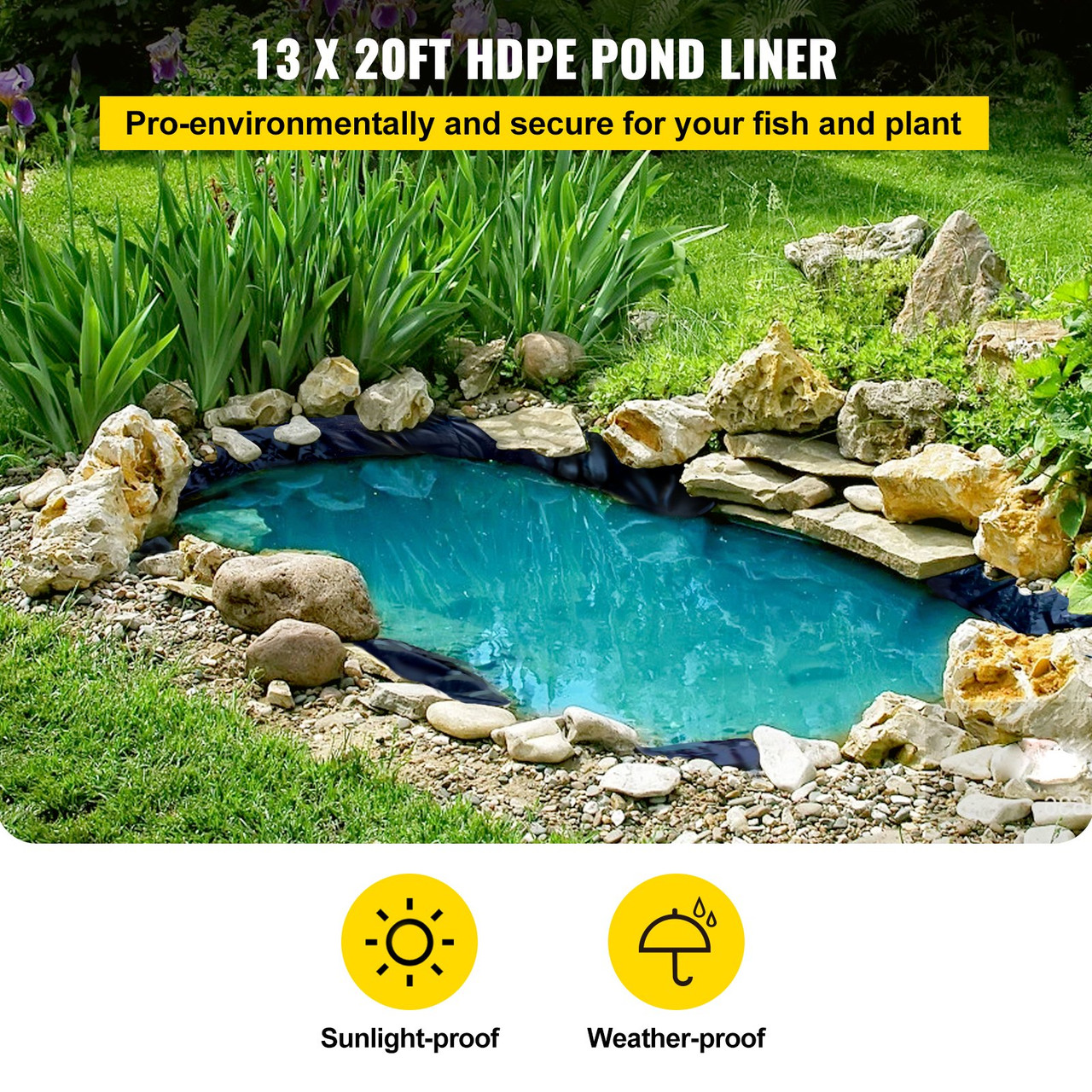 Pond Liner, 13x20 ft, 20 Mil Pond Liners for Outdoor Ponds, HDPE Pond Underlayment for Fountain, Small Pond, Fishpond, Waterfall, Water Garden, Black