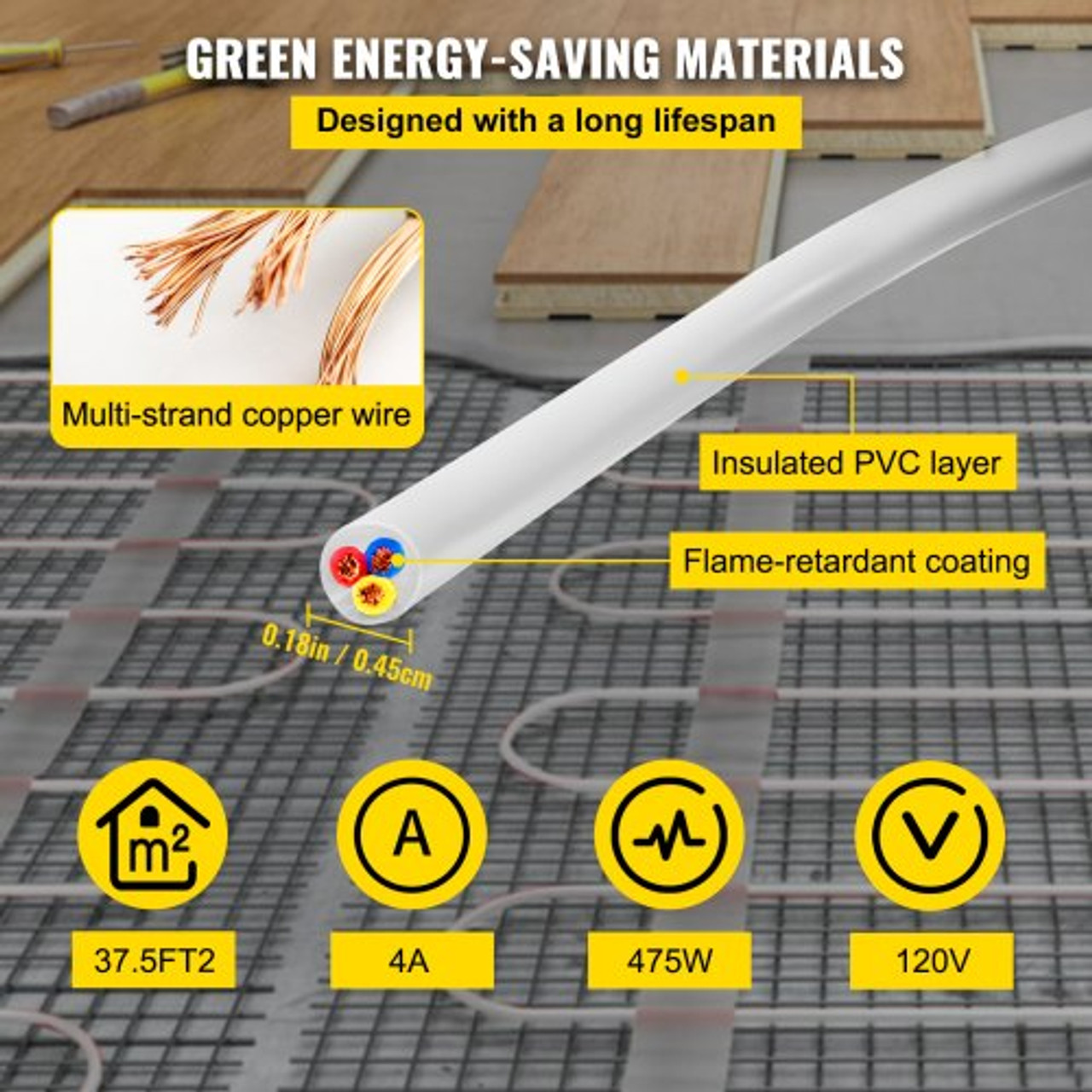 Ditra Floor Heating Cable,475W 120V Floor Tile Heat Cable,124.1 FT Long,37.5 sqft,with Convenient Temperature Control Panel,No Noise or Radiation