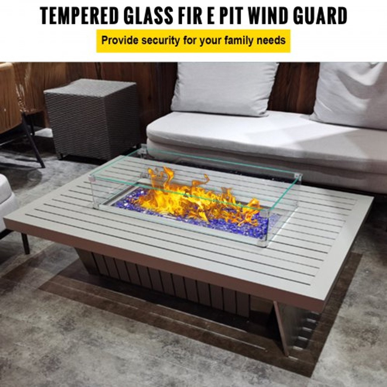 Fire Pit Wind Guard, 38 x 10.5 x 6 Inch Glass Wind Guard, Rectangular Glass Shield, 0.3" Thick Fire Table, Clear Tempered Glass Flame Guard, Steady Feet Tree Pit Guard for Propane, Gas, Outdoor