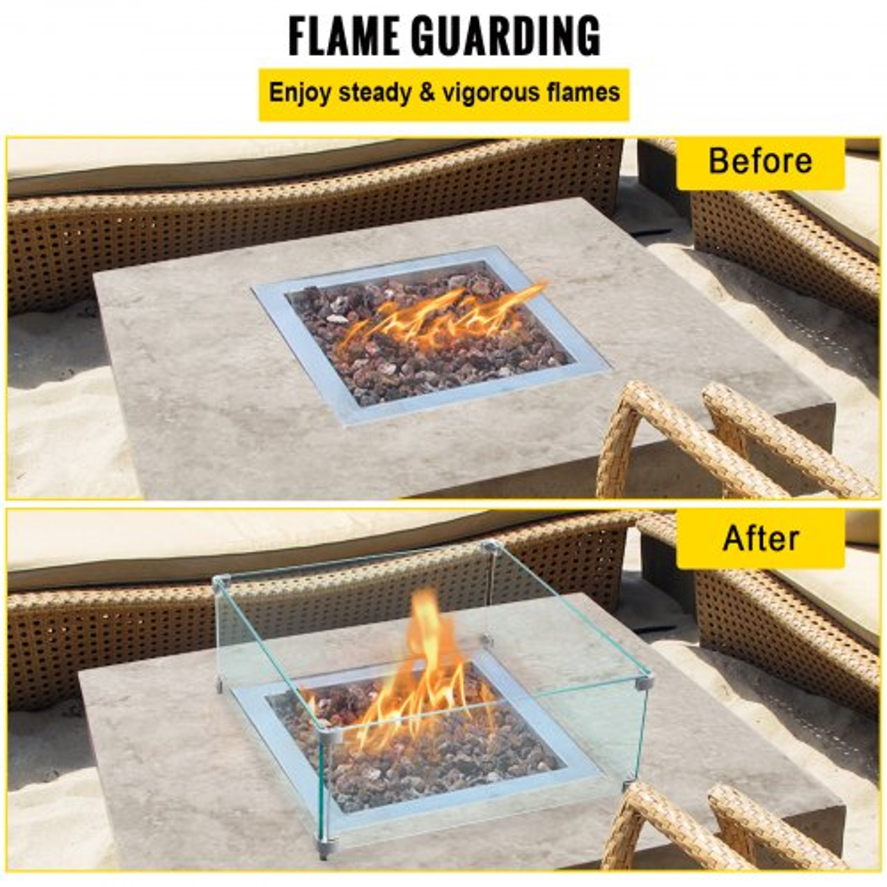 Fire Pit Wind Guard, 14 x 14 x 6 Inch Glass Wind Guard, Rectangular Glass Shield, 0.3" Thick Fire Table, Clear Tempered Glass Flame Guard, Steady Feet Tree Pit Guard for Propane, Gas, Outdoor