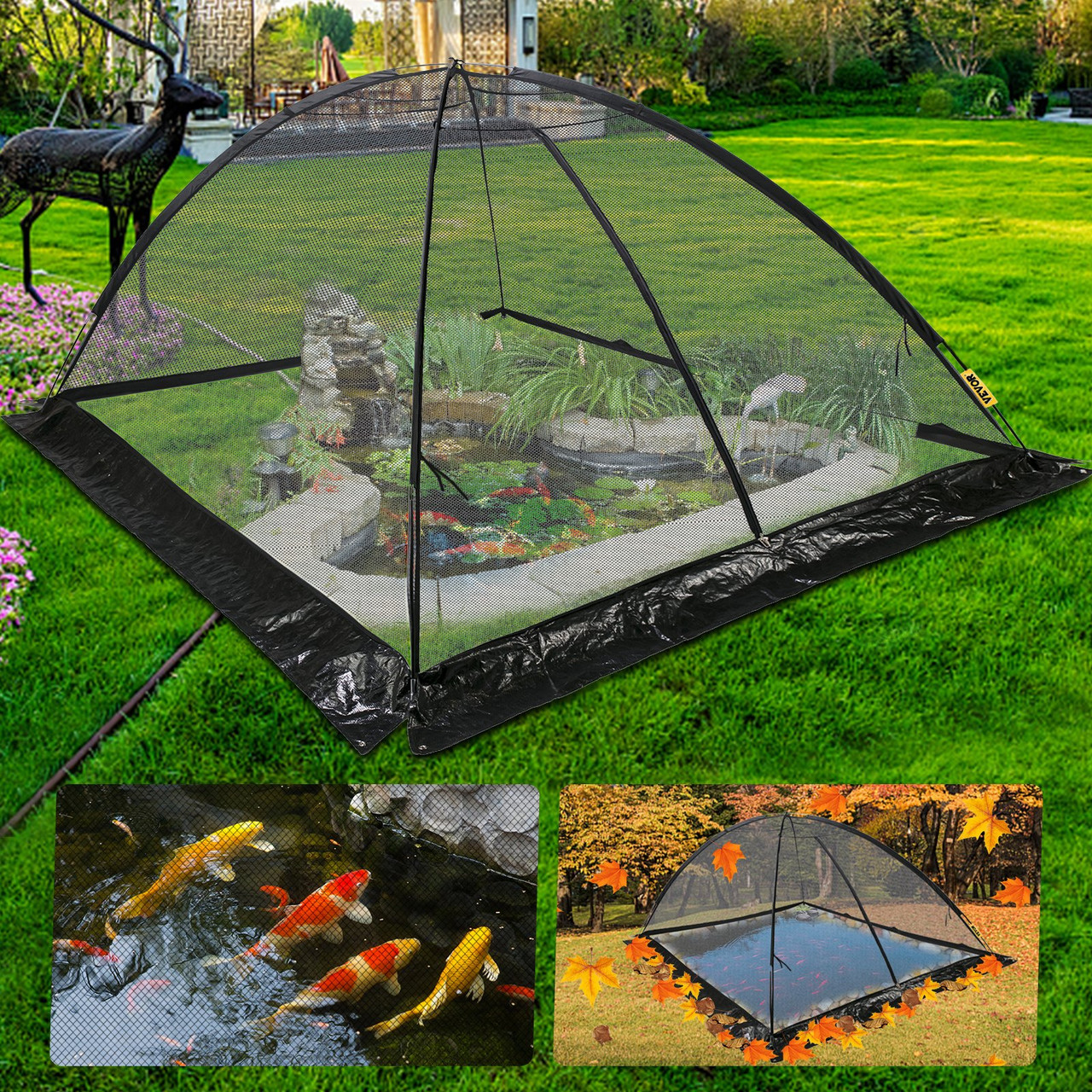 Pond Cover Dome, 10x14 FT Garden Pond Net, 1/2 inch Mesh Dome Pond Net Covers with Zipper and Wind Rope, Black Nylon Pond Netting for Pond Pool and Garden to Keep Out Leaves