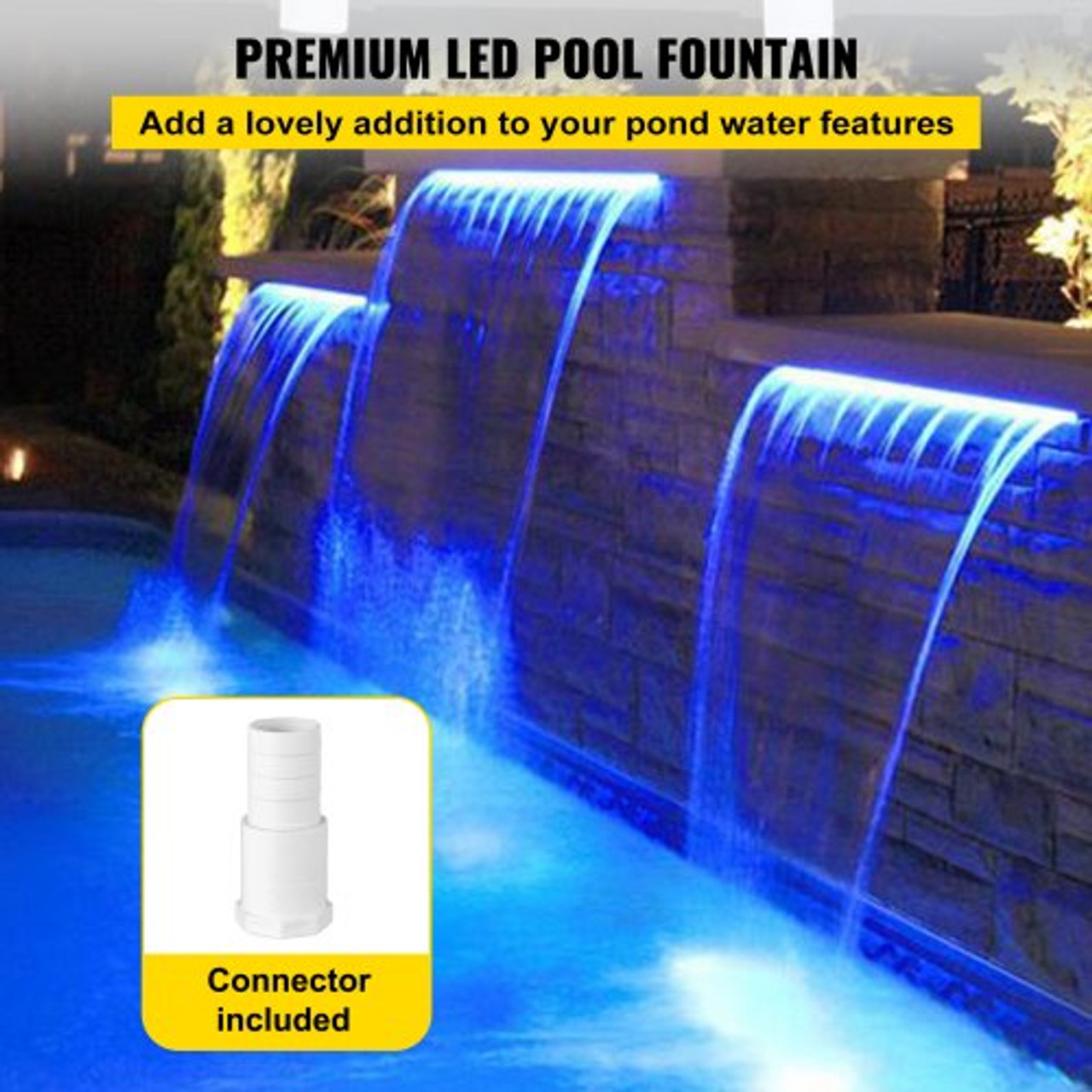 Pool Fountain Spillway 11.8x3.2x8.1 Inches, Fountain Spilway Blue Strip LED Light, Pool Waterfall Fountain Solid Acrylic, Pool Waterfall for Garden Pond, Swimming Pool, Squares