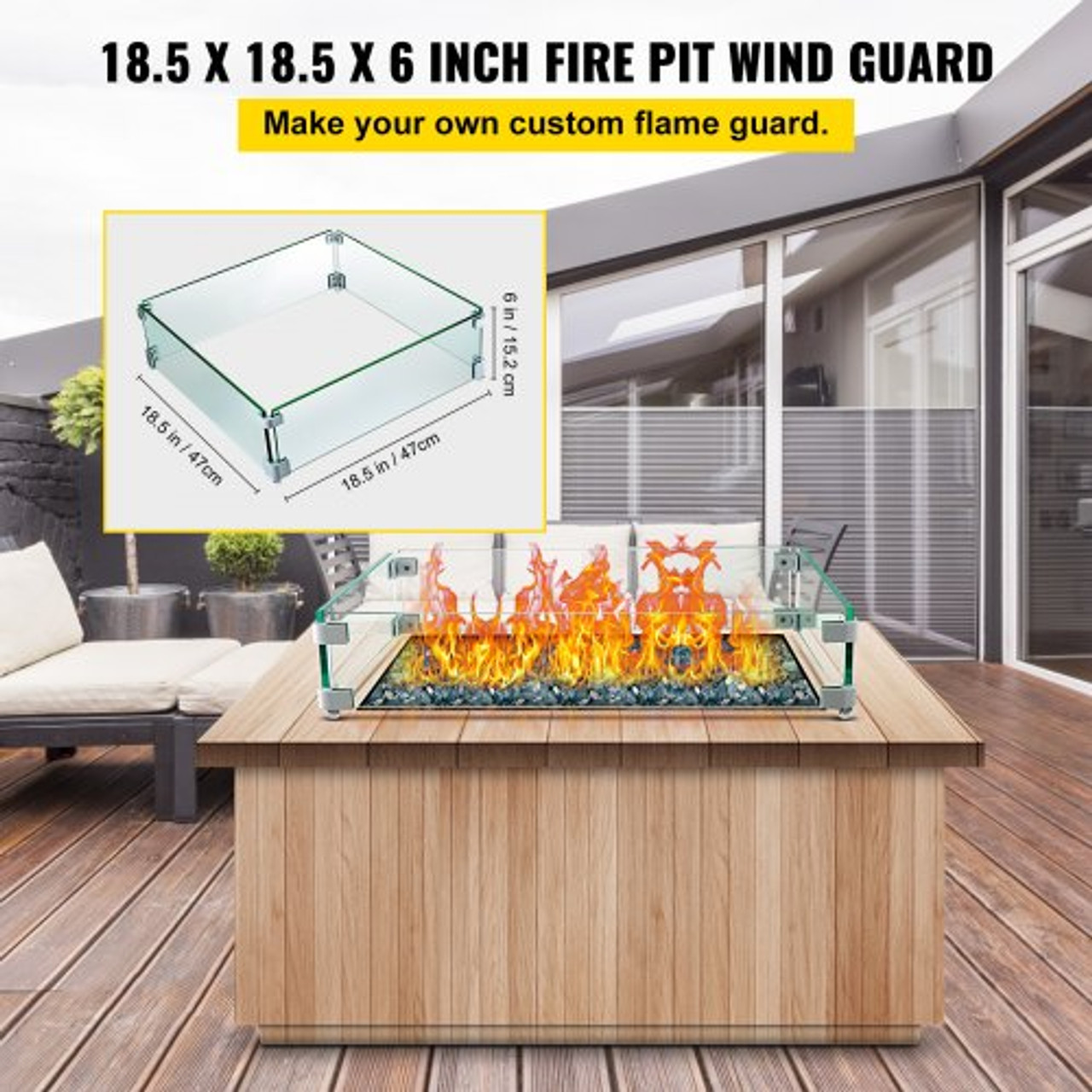 Square Fire Pit Wind Guard, 19" x 19" x 6" Glass Flame Guard, Fire Wind Guard Fence with 5/16 Inch Thickness Clear Tempered Glass and Non-Slip Feet, for Propane, Gas, Fire Pits Pan/Table