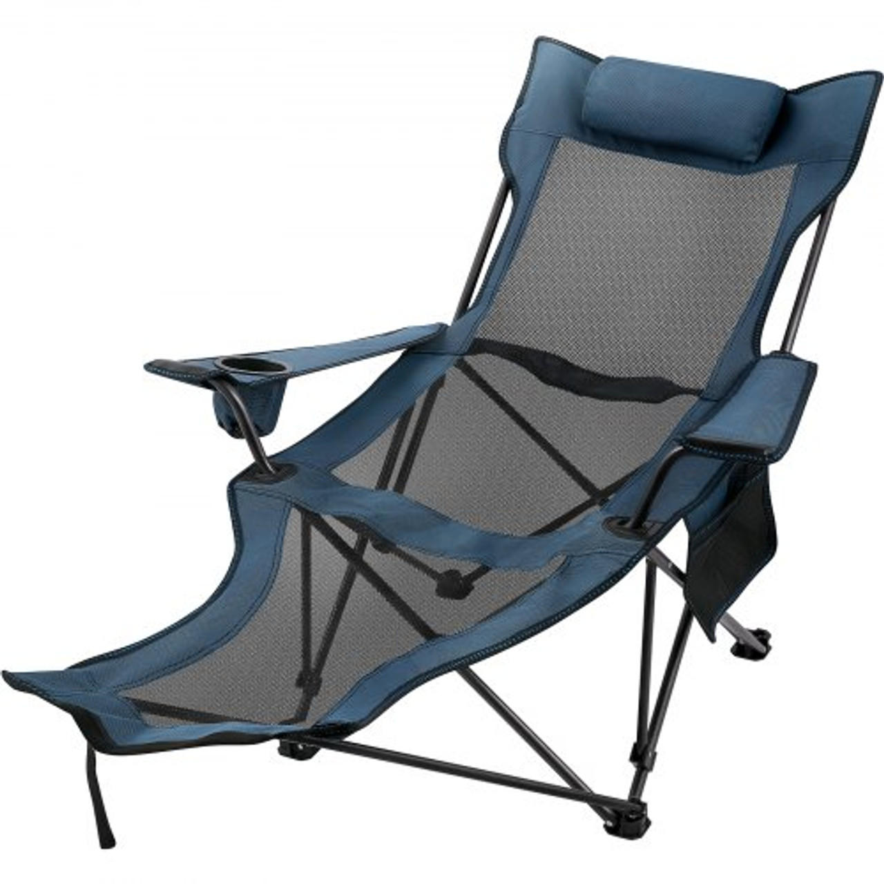 Folding Camp Chair with Footrest Mesh, Portable Lounge Chair with Cup Holder and Storage Bag, for Camping Fishing and Other Outdoor Activities (Blue)