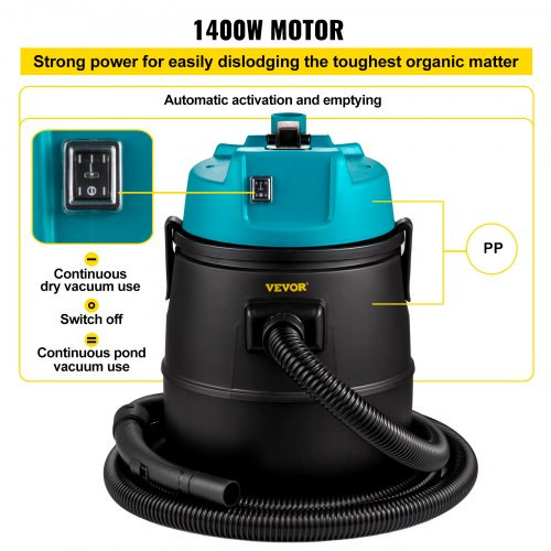 Pond Vacuum Cleaner, 1400W Motor in Single Chamber Suction System, 120V Motor w/15 ft Electric Wire, 4 Brush Heads, 4 Extended Tubes, 1 Filter Bag for Multi-use Cleaning Above Ground